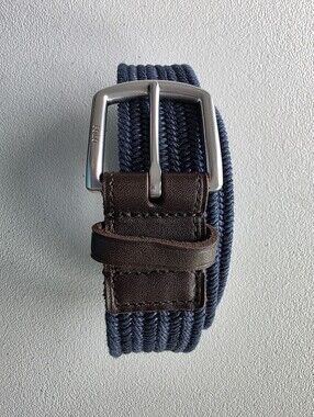 Polo Ralph Lauren Navy Braided Stretch Belt Brown Leather Old Money Preppy EUC